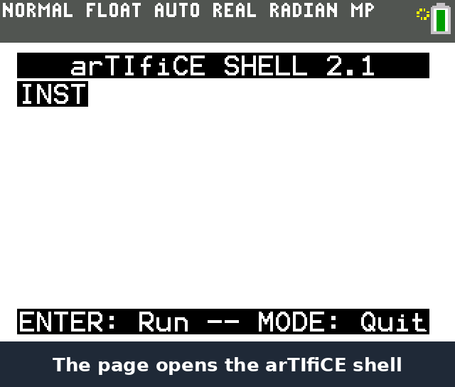 The arTIfiCE shell with INST, enter, the countdown, RAM Cleared, then apps and FlowCE