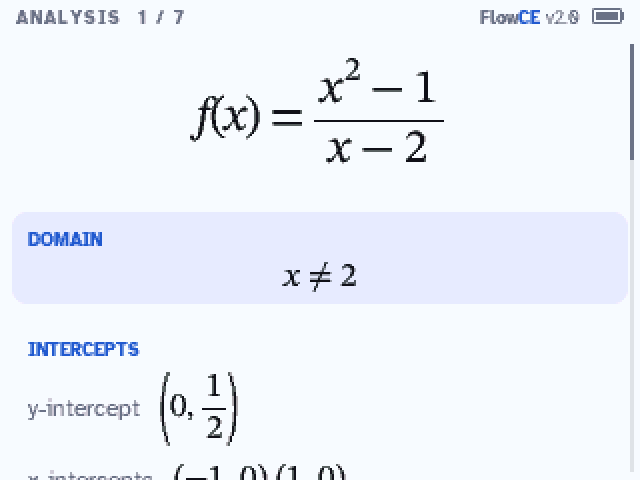 analyze: the domain, the intercepts, the asymptotes of a function