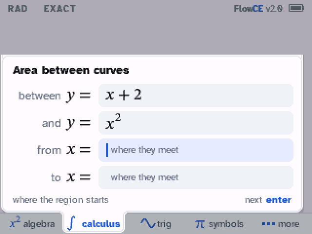 The form of Area between curves: between y = x + 2 and y = x squared