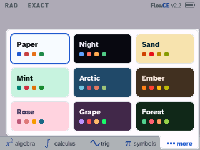The themes card: nine tiles, each in its own colors